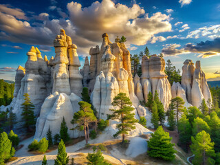 Majestic hoodoos emerge from lush green forest under dramatic sunset sky