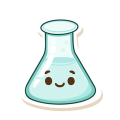 Adorable kawaii-style lab flask with a happy face. Cute science-themed illustration perfect for educational materials, stickers, and fun decor.