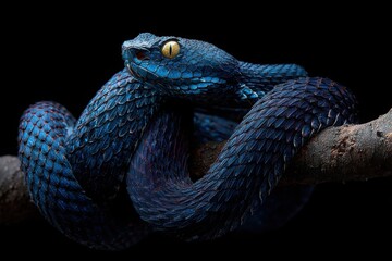 Fototapeta premium Striking blue pit viper with intense yellow eyes on a branch