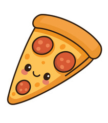 Happy kawaii pizza slice with pepperoni and a smiling face. A fun and playful food illustration for menus, stickers, or kids' products.