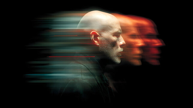 Abstract Portrait of a Bald Man with Motion Blur and Intense Red and Blue Lighting