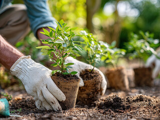 Gardener planting young seedlings in rich soil with gloved hands in a lush garden setting