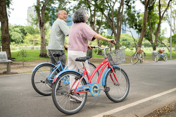 Obraz premium Happy Asian senior couple with bicycles in a park