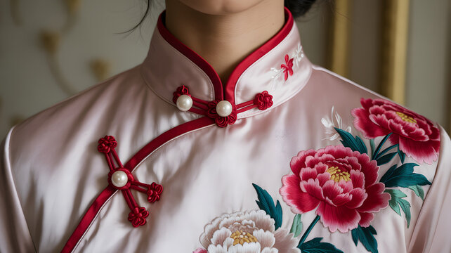 Elegant crimson qipao collar adorned with pearl buttons and embroidered peonies, set against a muted beige background.