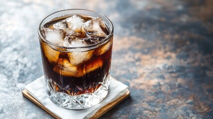 Dark cocktail with ice cubes in glass on coaster