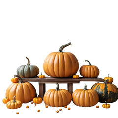 Pumpkins on the bench and near the bench isolated on transparent or white background, png