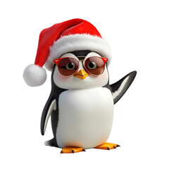 Penguin in Santa hat waving isolated on transparent or white background, png
