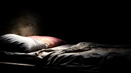 Empty Bed in Dark Room Dramatic Low Light Photography