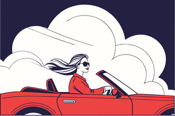 Confident woman with flowing hair driving a convertible under clouds