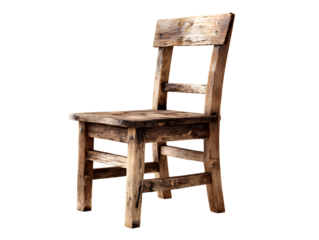 Angled Side View of Rustic Wooden Chair with Worn Texture, Isolated on Transparent Background