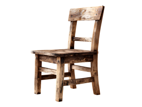Angled Side View of Rustic Wooden Chair with Worn Texture, Isolated on Transparent Background