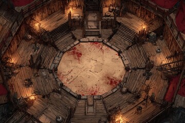 Top-down view of a circular wooden battle arena with staircases, torches, and a bloodstained dirt floor, evoking a gritty fantasy combat setting or ancient gladiator pit	