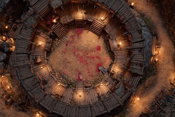 Top-down view of a circular wooden battle arena with staircases, torches, and a bloodstained dirt floor, evoking a gritty fantasy combat setting or ancient gladiator pit	