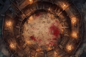 Top-down view of a circular wooden battle arena with staircases, torches, and a bloodstained dirt floor, evoking a gritty fantasy combat setting or ancient gladiator pit	