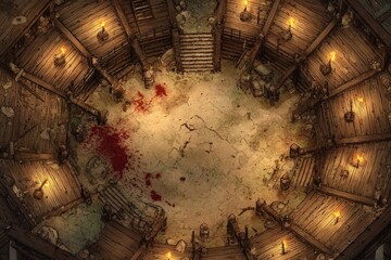Top-down view of a circular wooden battle arena with staircases, torches, and a bloodstained dirt floor, evoking a gritty fantasy combat setting or ancient gladiator pit	