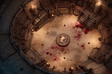 Top-down view of a circular wooden battle arena with staircases, torches, and a bloodstained dirt floor, evoking a gritty fantasy combat setting or ancient gladiator pit	