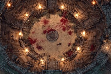 Top-down view of a circular wooden battle arena with staircases, torches, and a bloodstained dirt floor, evoking a gritty fantasy combat setting or ancient gladiator pit