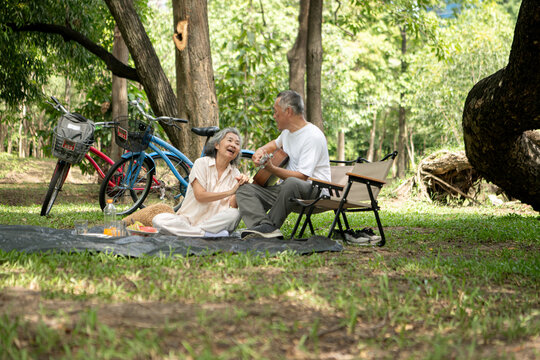 Happy Asian senior couple enjoying a picnic in a green park, laughing and bonding together on a sunny day