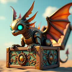 Steampunk Dragon in a Treasure Chest on the Beach