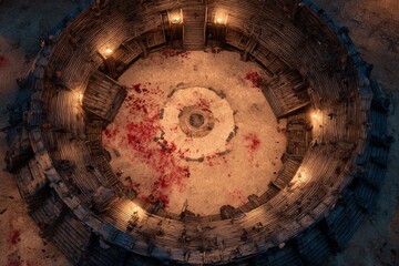 	
Top-down view of a circular wooden battle arena with staircases, torches, and a bloodstained dirt floor, evoking a gritty fantasy combat setting or ancient gladiator pit	
