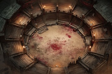 	
Top-down view of a circular wooden battle arena with staircases, torches, and a bloodstained dirt floor, evoking a gritty fantasy combat setting or ancient gladiator pit	
