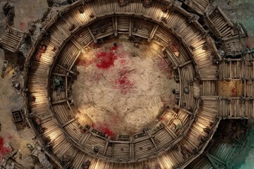 	
Top-down view of a circular wooden battle arena with staircases, torches, and a bloodstained dirt floor, evoking a gritty fantasy combat setting or ancient gladiator pit	
