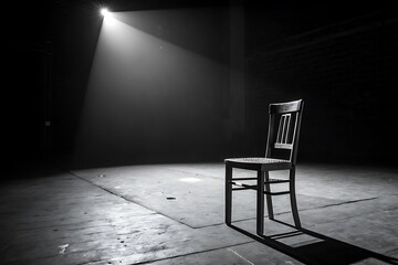 Single wooden chair illuminated by spotlight on dark stage moody