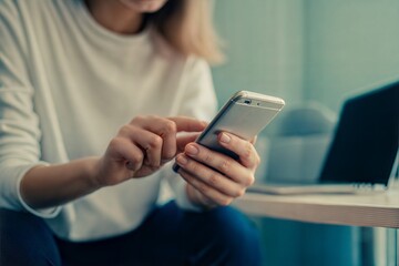 Woman Using Smartphone and Laptop Mobile Technology Online Communication Digital Lifestyle