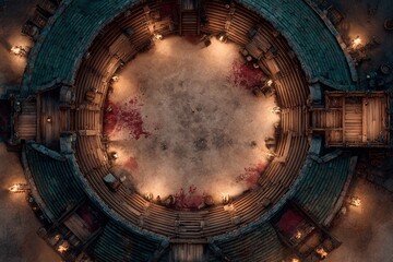 	
Top-down view of a circular wooden battle arena with staircases, torches, and a bloodstained dirt floor, evoking a gritty fantasy combat setting or ancient gladiator pit	
