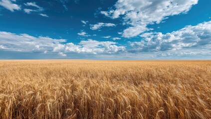 Naklejka premium Golden wheat field under a vibrant blue sky with puffy white clouds