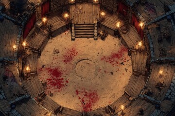 	
Top-down view of a circular wooden battle arena with staircases, torches, and a bloodstained dirt floor, evoking a gritty fantasy combat setting or ancient gladiator pit	
