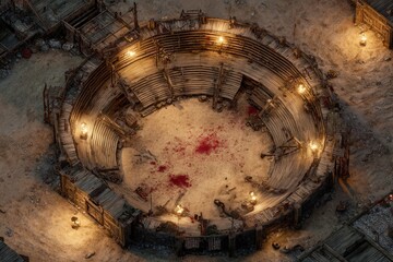 	
Top-down view of a circular wooden battle arena with staircases, torches, and a bloodstained dirt floor, evoking a gritty fantasy combat setting or ancient gladiator pit	
