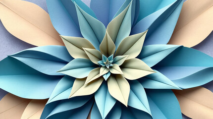 Abstract design of overlapping leaves in blue, green, and white tones, creating a serene pattern.