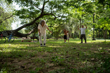 Happy Asian grandparents enjoying a picnic with their granddaughter in a green park
