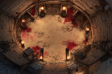 	
Top-down view of a circular wooden battle arena with staircases, torches, and a bloodstained dirt floor, evoking a gritty fantasy combat setting or ancient gladiator pit	
