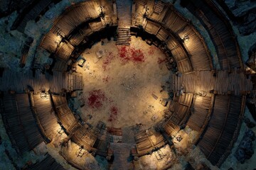 	
Top-down view of a circular wooden battle arena with staircases, torches, and a bloodstained dirt floor, evoking a gritty fantasy combat setting or ancient gladiator pit	
