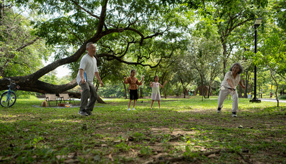 Happy Asian grandparents enjoying a picnic with their granddaughter in a green park