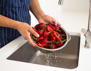 Close-up of finely ground paprika, showcasing its beautiful texture ideal for themes of seasoning, cooking, and gourmet ingredients. Paprika in white background, washing and cutting paprika 