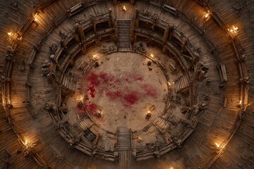 	
Top-down view of a circular wooden battle arena with staircases, torches, and a bloodstained dirt floor, evoking a gritty fantasy combat setting or ancient gladiator pit	
