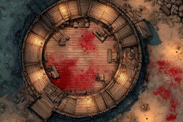 	
Top-down view of a circular wooden battle arena with staircases, torches, and a bloodstained dirt floor, evoking a gritty fantasy combat setting or ancient gladiator pit	
