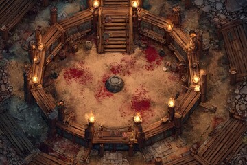 	
Top-down view of a circular wooden battle arena with staircases, torches, and a bloodstained dirt floor, evoking a gritty fantasy combat setting or ancient gladiator pit	

