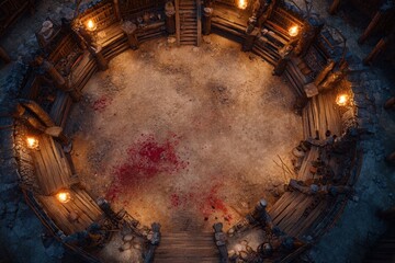 	
Top-down view of a circular wooden battle arena with staircases, torches, and a bloodstained dirt floor, evoking a gritty fantasy combat setting or ancient gladiator pit	

