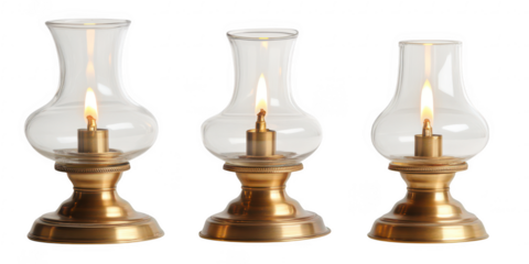 Three oil lamps with flame on transparent png background