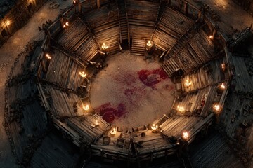 	
Top-down view of a circular wooden battle arena with staircases, torches, and a bloodstained dirt floor, evoking a gritty fantasy combat setting or ancient gladiator pit	
