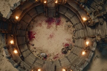 	
Top-down view of a circular wooden battle arena with staircases, torches, and a bloodstained dirt floor, evoking a gritty fantasy combat setting or ancient gladiator pit	
