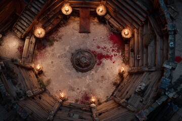 	
Top-down view of a circular wooden battle arena with staircases, torches, and a bloodstained dirt floor, evoking a gritty fantasy combat setting or ancient gladiator pit	
