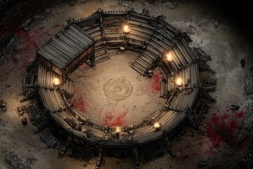 	
Top-down view of a circular wooden battle arena with staircases, torches, and a bloodstained dirt floor, evoking a gritty fantasy combat setting or ancient gladiator pit	
