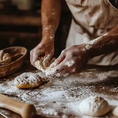 Baker kneading dough. Man kneading dough on a kitchen table. Toned