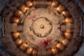	
Top-down view of a circular wooden battle arena with staircases, torches, and a bloodstained dirt floor, evoking a gritty fantasy combat setting or ancient gladiator pit	
