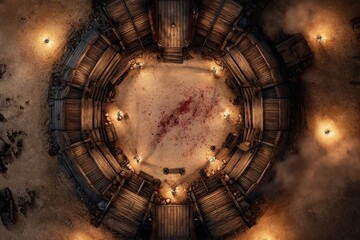 	
Top-down view of a circular wooden battle arena with staircases, torches, and a bloodstained dirt floor, evoking a gritty fantasy combat setting or ancient gladiator pit	
